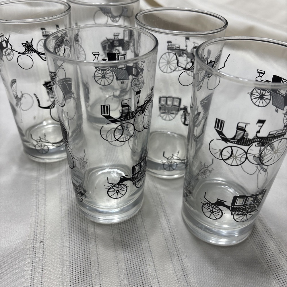 Vtg Libby Highball Glasses ANTIQUE CARS MCM Set of 5 Black Gold Mancave Barware